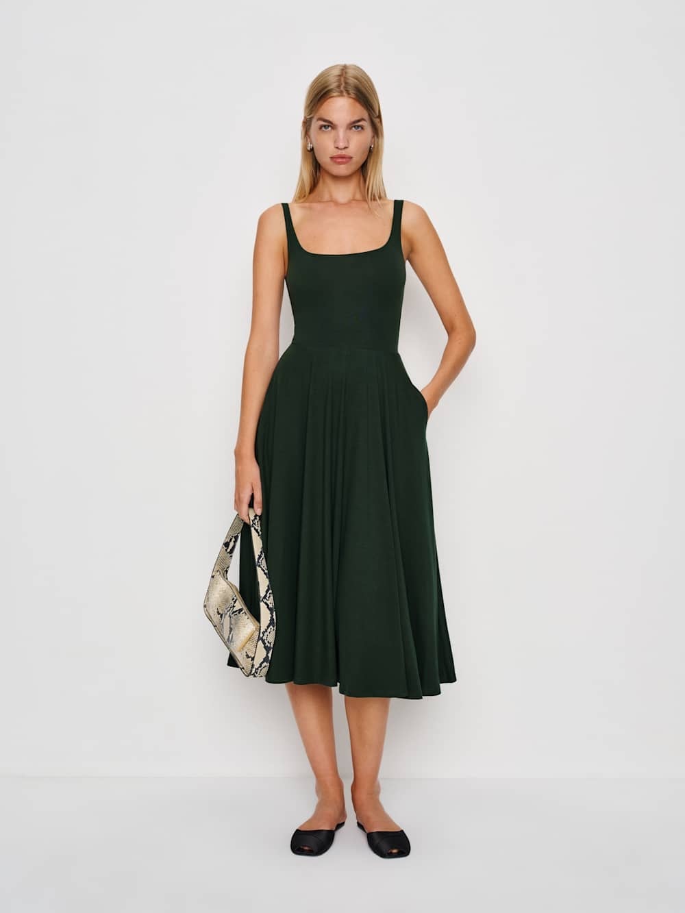 Reformation Forest Green Square Neck Midi Dress